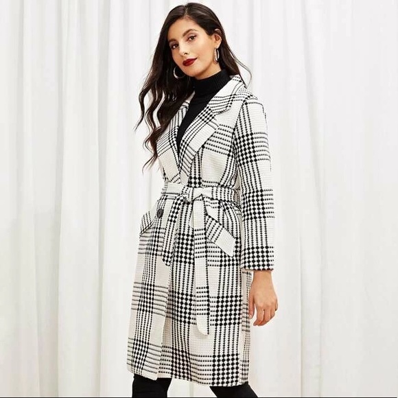 SHEIN Self Tie Plaid Pocket Black and White Coat - Picture 7 of 10